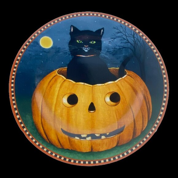 VTG Sakura Pumpkin Hollow David Carter Brown Plates Black Cat & Jack O' Lanterns - Picture 4 of 12